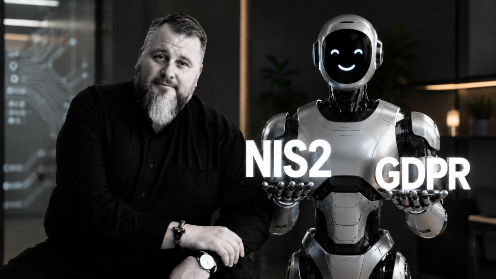 Choice of Freedom Freedom of Choice - Miha Dvojmoč - Infocenter Bearded man in black sits beside a silver humanoid robot, with the text NIS2 and GDPR displayed between them