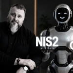Choice of Freedom Freedom of Choice - Miha Dvojmoč - Infocenter Bearded man in black sits beside a silver humanoid robot, with the text NIS2 and GDPR displayed between them