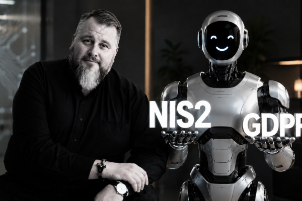 Bearded man in black sits beside a silver humanoid robot, with the text NIS2 and GDPR displayed between them