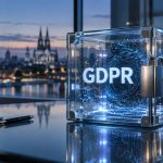 Glass cube on a conference table labeled GDPR with a padlock, set against a city skyline at dusk.