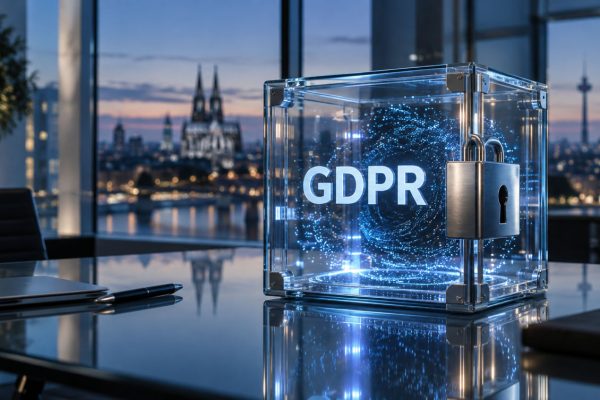 Glass cube on a conference table labeled GDPR with a padlock, set against a city skyline at dusk.