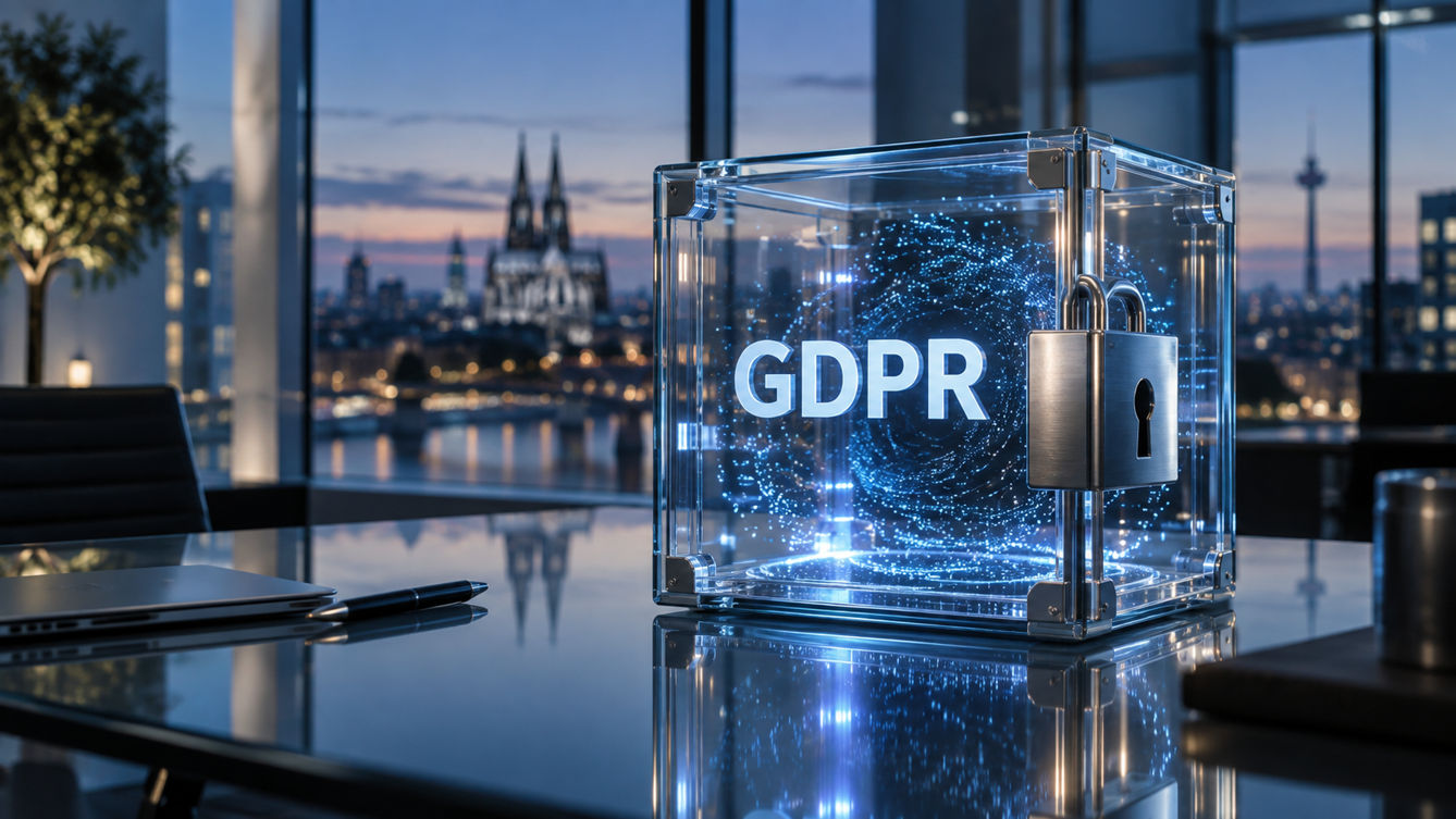 Glass cube on a conference table labeled GDPR with a padlock, set against a city skyline at dusk.