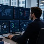 Two security analysts monitor multiple screens displaying a world map, threat dashboards, and compliance status in a security operations center (SOC).