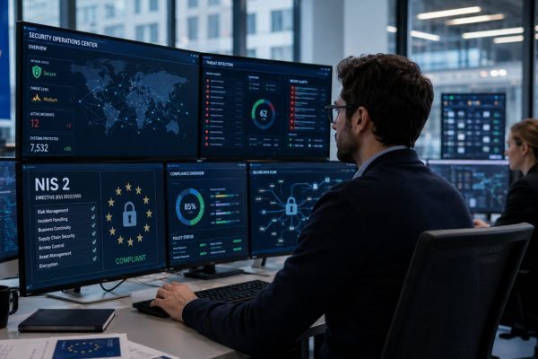 Two security analysts monitor multiple screens displaying a world map, threat dashboards, and compliance status in a security operations center (SOC).