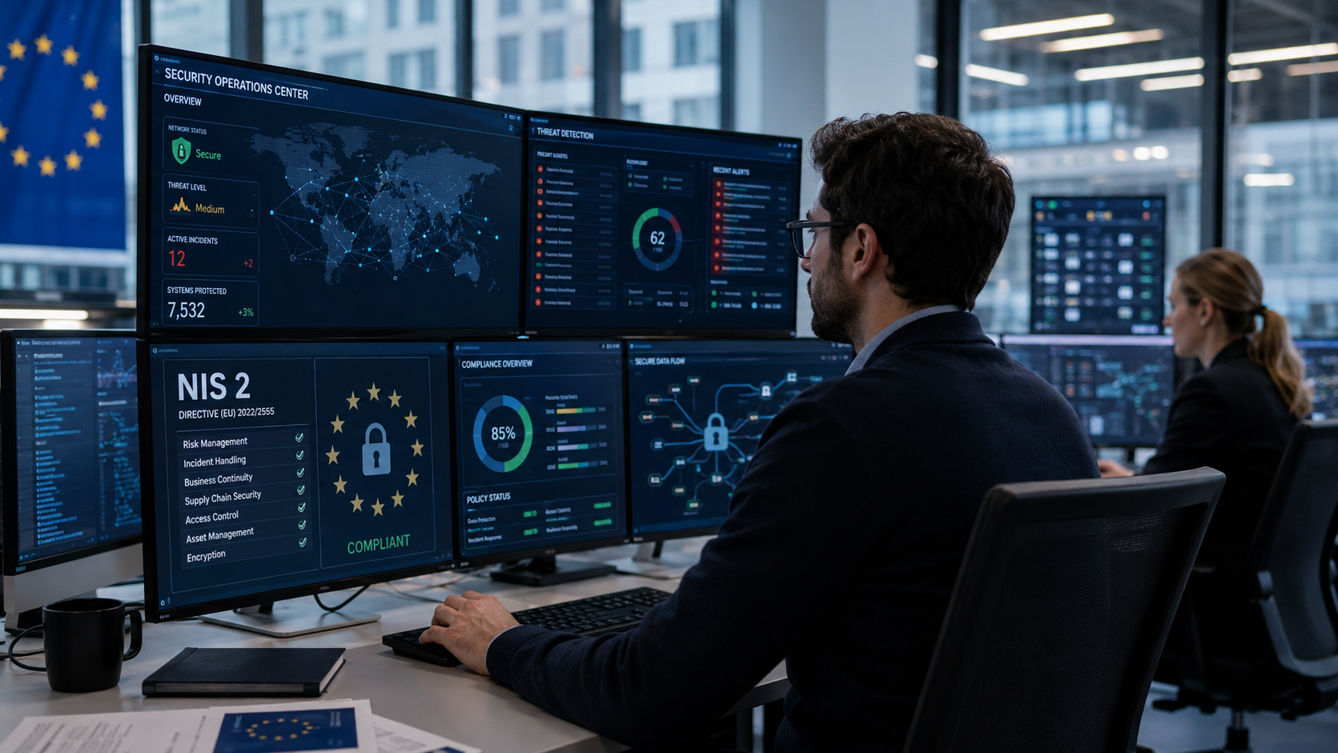 Two security analysts monitor multiple screens displaying a world map, threat dashboards, and compliance status in a security operations center (SOC).