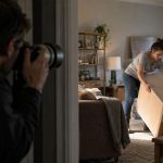 A photographer aiming a camera at a woman who is lifting a large cardboard box in a living room with moving boxes nearby.