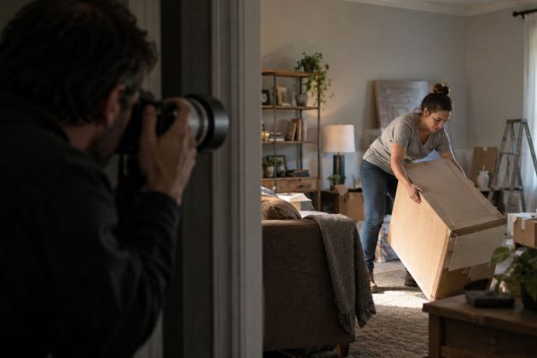 A photographer aiming a camera at a woman who is lifting a large cardboard box in a living room with moving boxes nearby.