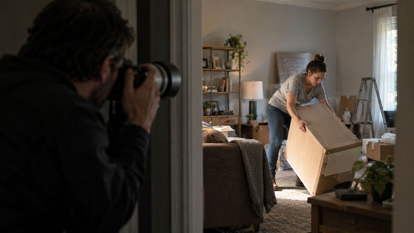 A photographer aiming a camera at a woman who is lifting a large cardboard box in a living room with moving boxes nearby.